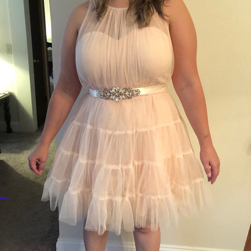 10 Petite LITTLE MISTRESS nude mesh dress tiered